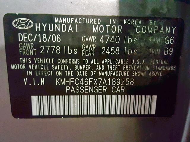 KMHFC46FX7A189258 - 2007 HYUNDAI AZERA SE SILVER photo 10