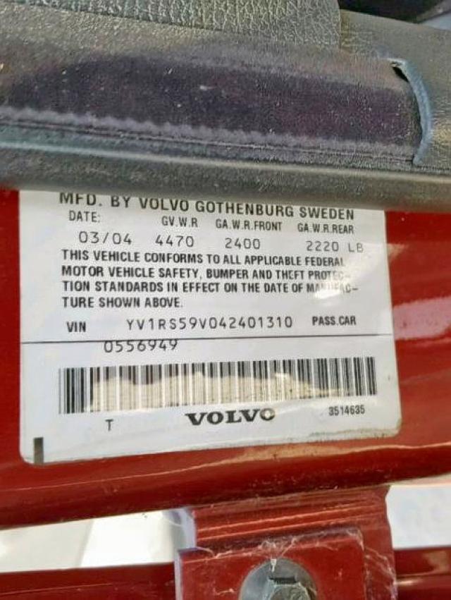 YV1RS59V042401310 - 2004 VOLVO S60 2.5T RED photo 10