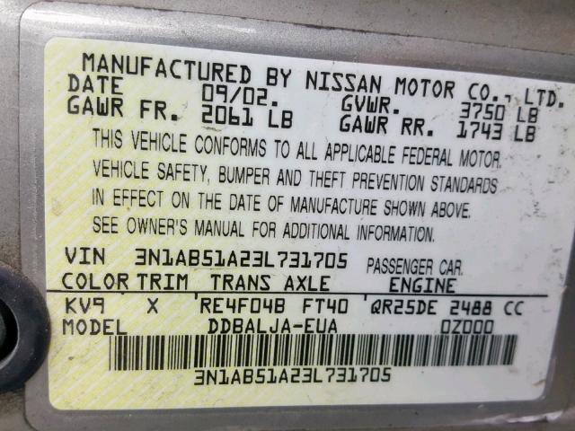 3N1AB51A23L731705 - 2003 NISSAN SENTRA SE- GRAY photo 10