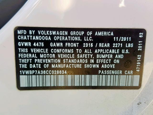 1VWBP7A36CC028634 - 2012 VOLKSWAGEN PASSAT SE WHITE photo 10