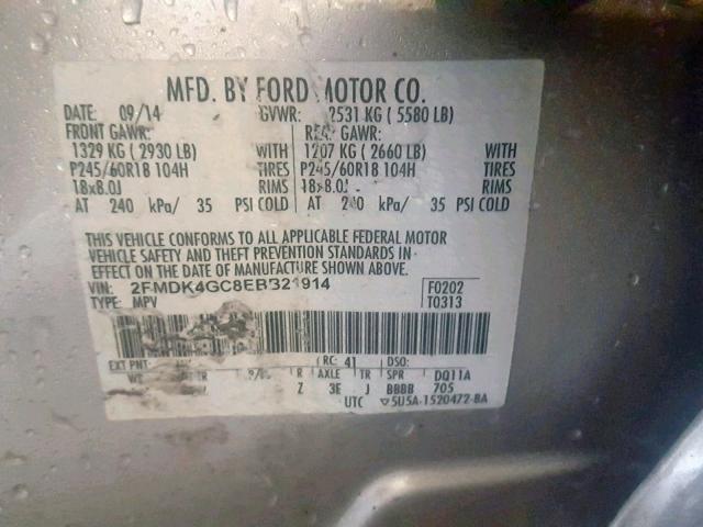 2FMDK4GC8EBB21914 - 2014 FORD EDGE SE SILVER photo 10