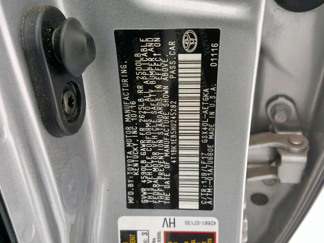 4T1BK1EB5HU245282 - 2017 TOYOTA AVALON XLE SILVER photo 10