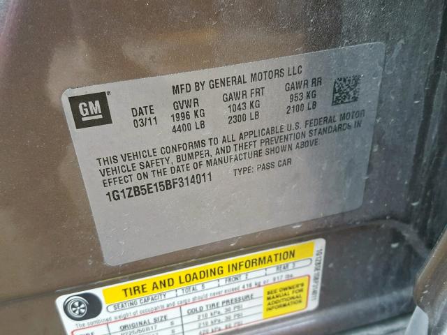 1G1ZB5E15BF314011 - 2011 CHEVROLET MALIBU LS GRAY photo 10