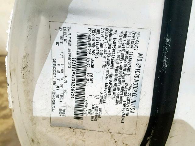 1FAFP59S23A266924 - 2003 FORD TAURUS SEL WHITE photo 10