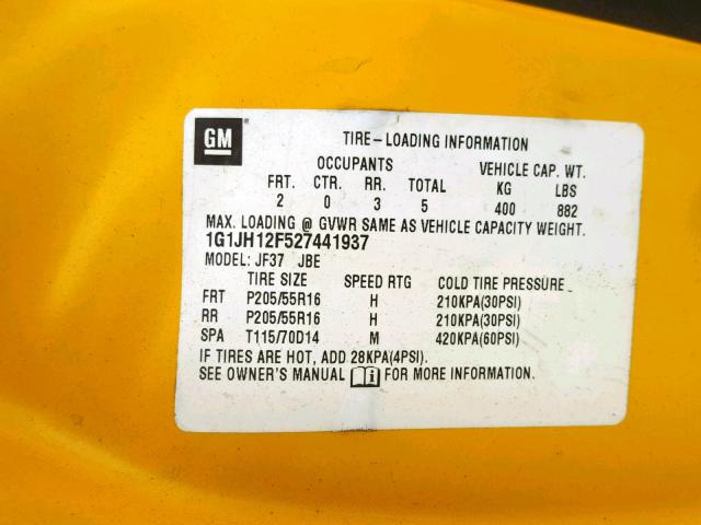 1G1JH12F527441937 - 2002 CHEVROLET CAVALIER L YELLOW photo 10