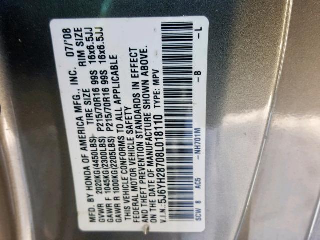 5J6YH28708L018110 - 2008 HONDA ELEMENT EX GRAY photo 10