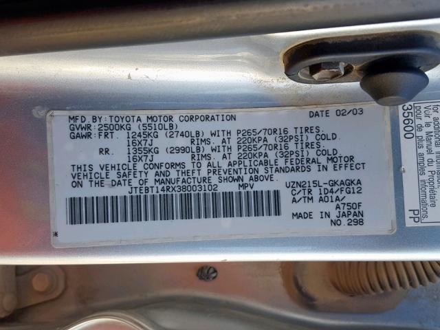 JTEBT14RX38003102 - 2003 TOYOTA 4RUNNER SR SILVER photo 10