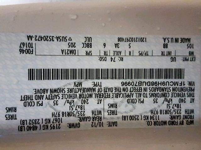 1FMCU9H98DUB70996 - 2013 FORD ESCAPE SEL WHITE photo 10