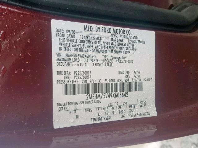 2MEHM75V49X605642 - 2009 MERCURY GRAND MARQ MAROON photo 10