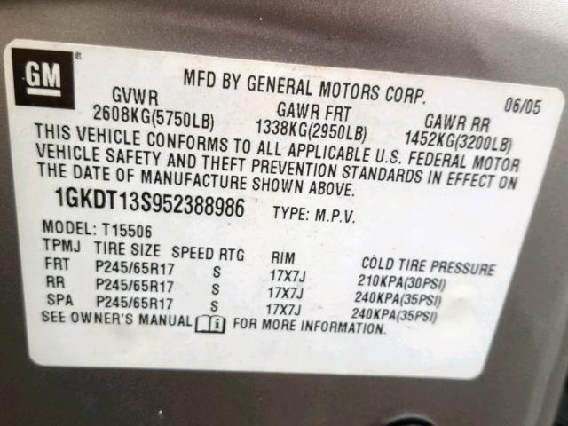 1GKDT13S952388986 - 2005 GMC ENVOY SILVER photo 10