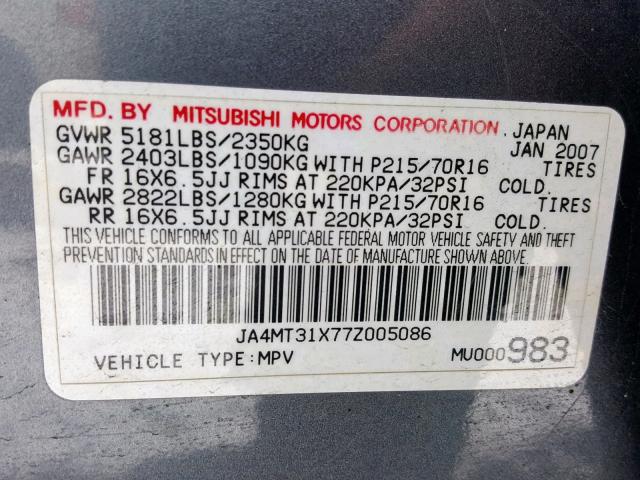 JA4MT31X77Z005086 - 2007 MITSUBISHI OUTLANDER GRAY photo 10