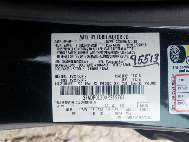 3FADP0L30AR215761 - 2010 FORD FUSION HYBRID  photo 10