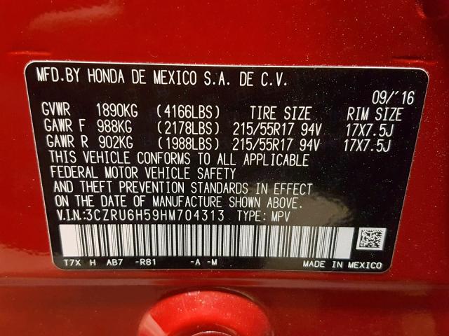 3CZRU6H59HM704313 - 2017 HONDA HR-V EX RED photo 10