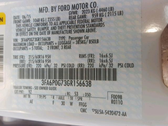 3FA6P0G73GR156638 - 2016 FORD FUSION S WHITE photo 10