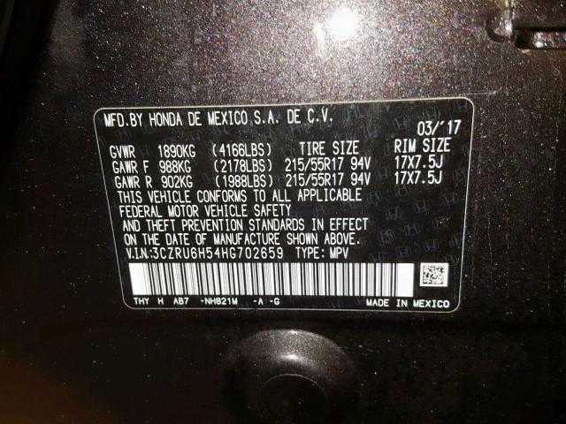 3CZRU6H54HG702659 - 2017 HONDA HR-V EX BLACK photo 10