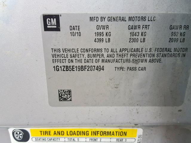 1G1ZB5E19BF207494 - 2011 CHEVROLET MALIBU LS 银色 照片 10