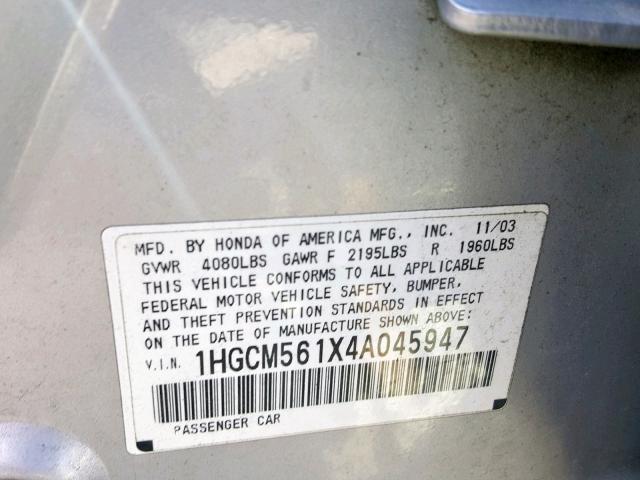 1HGCM561X4A045947 - 2004 HONDA ACCORD DX SILVER photo 10