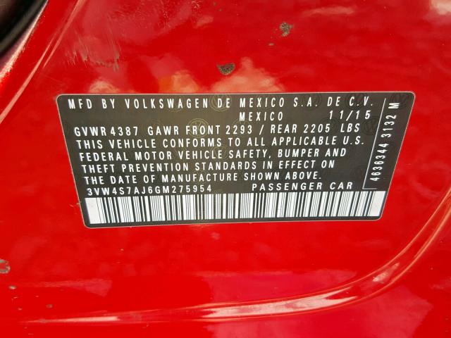 3VW4S7AJ6GM275954 - 2016 VOLKSWAGEN JETTA GLI RED photo 10