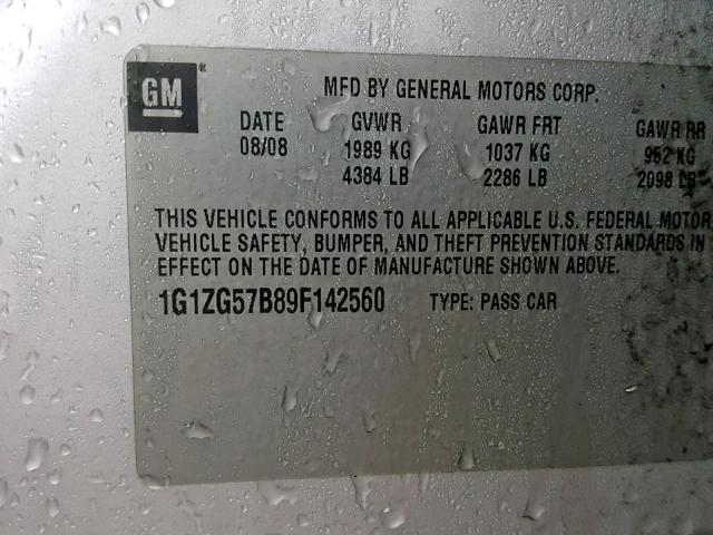 1G1ZG57B89F142560 - 2009 CHEVROLET MALIBU LS SILVER photo 10
