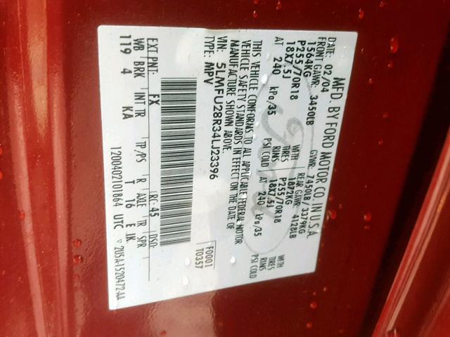 5LMFU28R34LJ23396 - 2004 LINCOLN NAVIGATOR MAROON photo 10