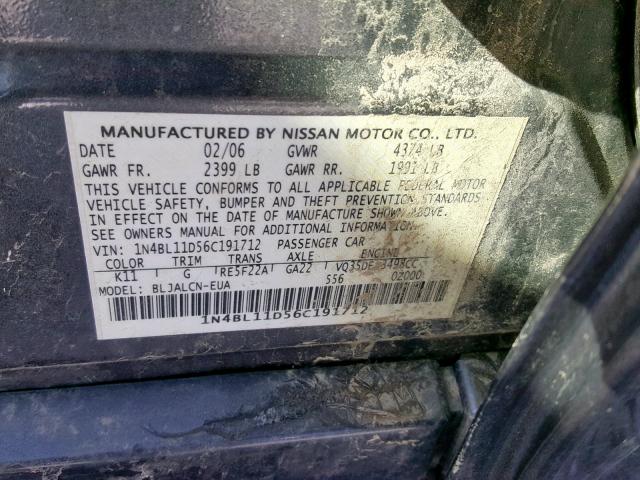 1N4BL11D56C191712 - 2006 NISSAN ALTIMA SE GRAY photo 10