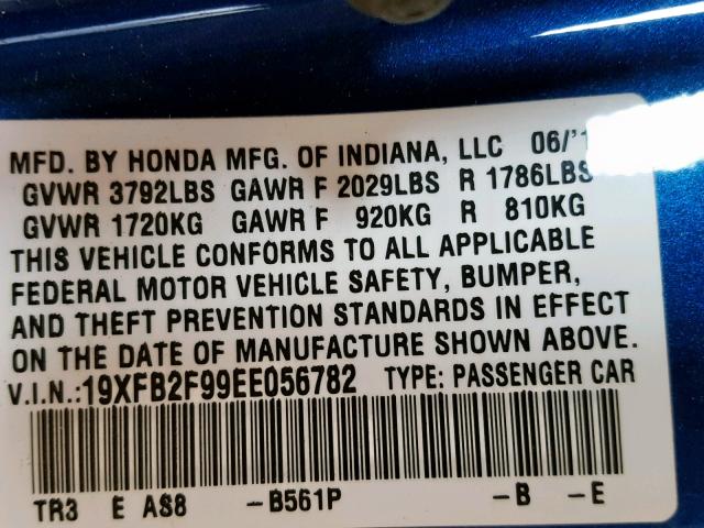 19XFB2F99EE056782 - 2014 HONDA CIVIC EXL Mavi foto 10