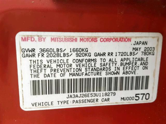 JA3AJ26E53U118279 - 2003 MITSUBISHI LANCER ES RED photo 10