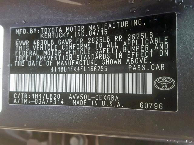 4T1BD1FK4FU166255 - 2015 TOYOTA CAMRY HYBR GRAY photo 10