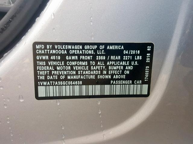 1VWAT7A35GC054638 - 2016 VOLKSWAGEN PASSAT S SILVER photo 10