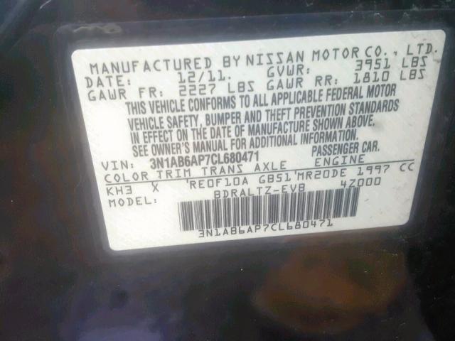 3N1AB6AP7CL680471 - 2012 NISSAN SENTRA 2.0 BLACK photo 10