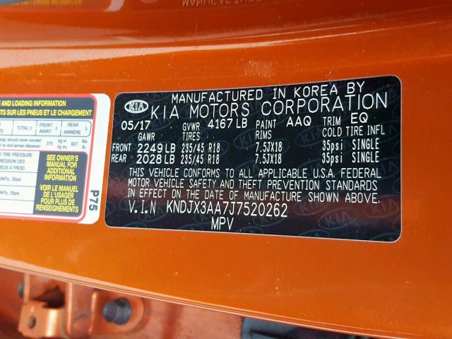 KNDJX3AA7J7520262 - 2018 KIA SOUL ! ORANGE photo 10