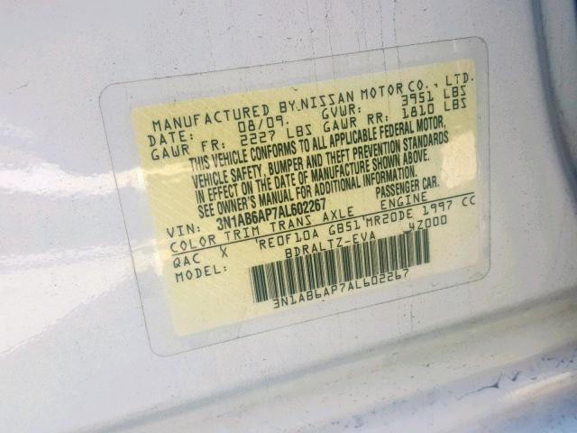 3N1AB6AP7AL602267 - 2010 NISSAN SENTRA 2.0 WHITE photo 10