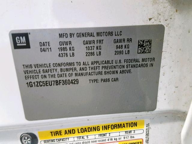 1G1ZC5EU7BF360429 - 2011 CHEVROLET MALIBU 1LT 白色 照片 10