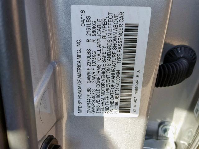 19UUB1F51KA000494 - 2019 ACURA TLX SILVER photo 10