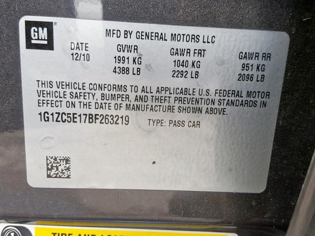 1G1ZC5E17BF263219 - 2011 CHEVROLET MALIBU 1LT გრაფიტი ფოტო 10