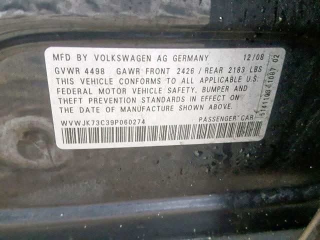 WVWJK73C39P060274 - 2009 VOLKSWAGEN PASSAT TUR BLACK photo 10