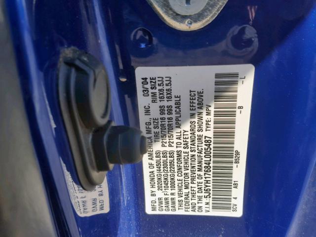 5J6YH17684L005487 - 2004 HONDA ELEMENT EX BLUE photo 10