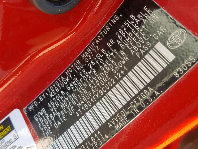 4T1BD1FK9CU021241 - 2012 TOYOTA CAMRY HYBR RED photo 10