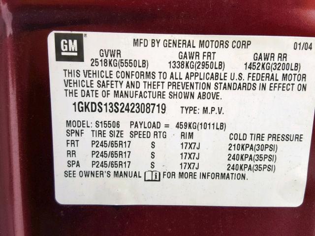 1GKDS13S242308719 - 2004 GMC ENVOY BURGUNDY photo 10