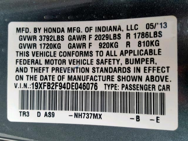 19XFB2F94DE046076 - 2013 HONDA CIVIC EXL GRAY photo 10