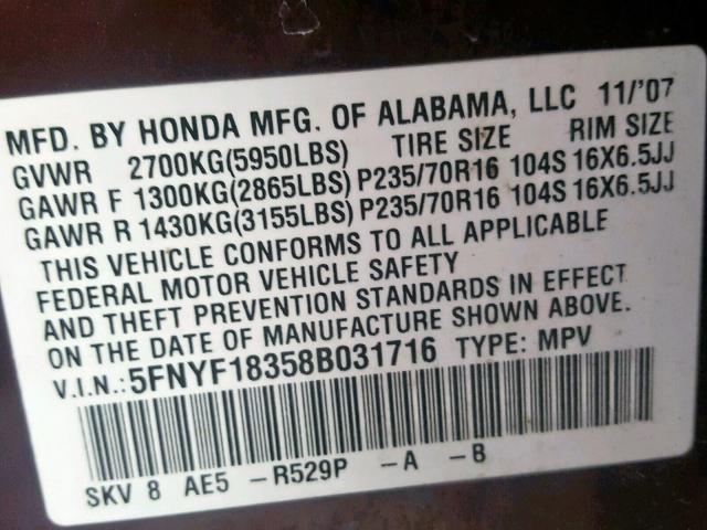 5FNYF18358B031716 - 2008 HONDA PILOT SE MAROON photo 10