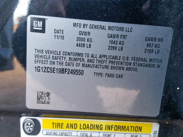 1G1ZC5E19BF249550 - 2011 CHEVROLET MALIBU 1LT შავი ფოტო 10