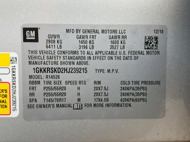 1GKKRSKD2HJ239215 - 2017 GMC ACADIA LIM SILVER photo 10