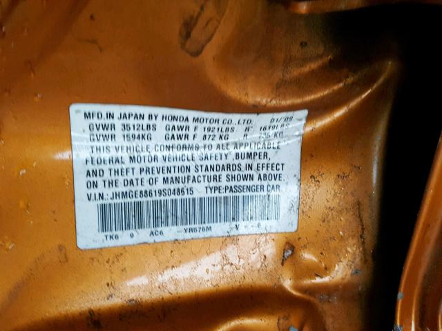 JHMGE88619S048615 - 2009 HONDA FIT SPORT ORANGE photo 10