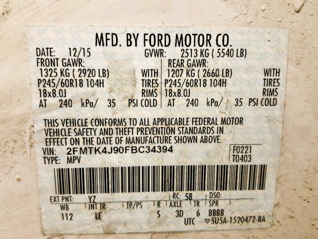 2FMTK4J90FBC34394 - 2015 FORD EDGE SEL WHITE photo 10