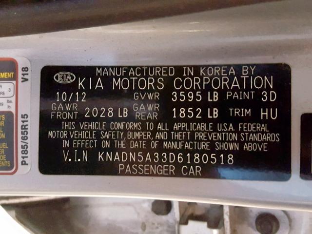 KNADN5A33D6180518 - 2013 KIA RIO EX SILVER photo 10