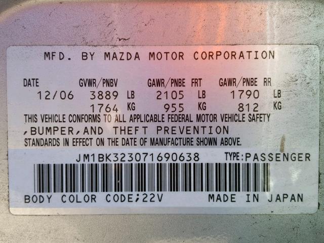 JM1BK323071690638 - 2007 MAZDA 3 S SILVER photo 10