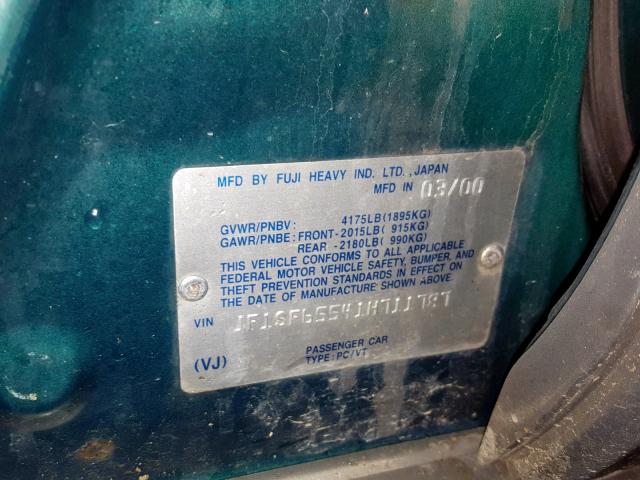 JF1SF65541H711787 - 2001 SUBARU FORESTER S GREEN photo 10