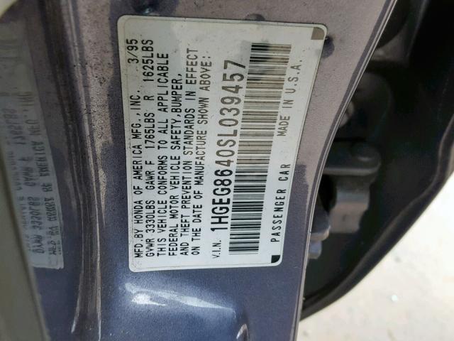 1HGEG8640SL039457 - 1995 HONDA CIVIC DX GRAY photo 10