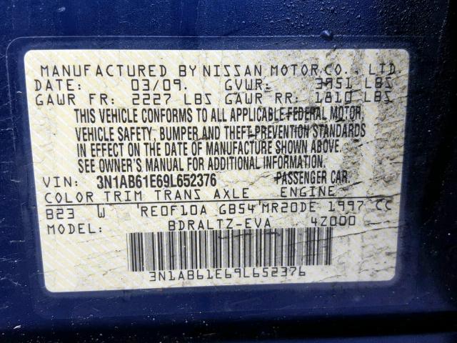 3N1AB61E69L652376 - 2009 NISSAN SENTRA 2.0 BLUE photo 10